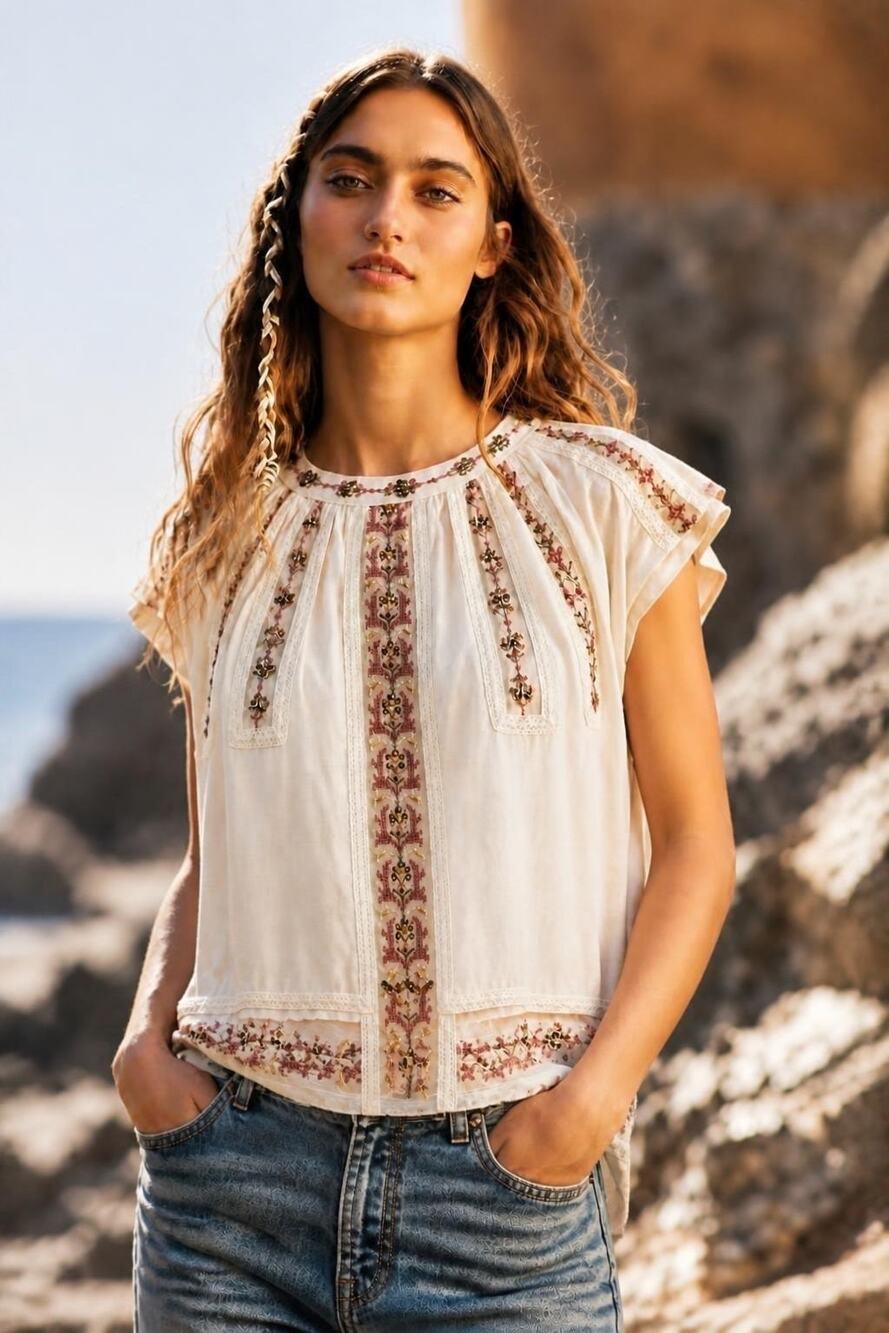 Free People Large Sequin Drawstring Embroidered Mesh Boho Blouse Top Ivory Pink